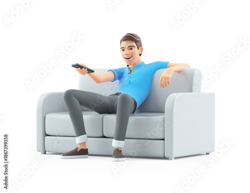3d man sitting in sofa and zapping