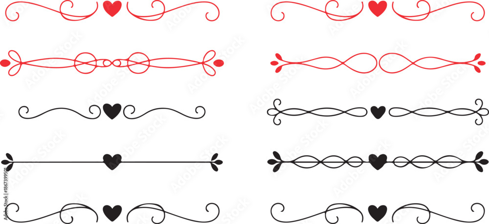 Fototapeta premium A diverse collection of red and black line dividers featuring hearts and elegant swirling patterns