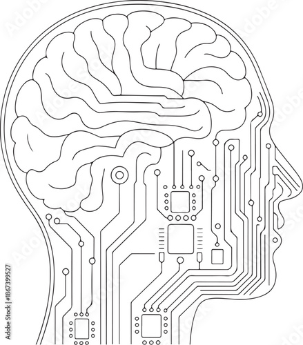 Outline of a human head with a brain and circuit board integration Vector.