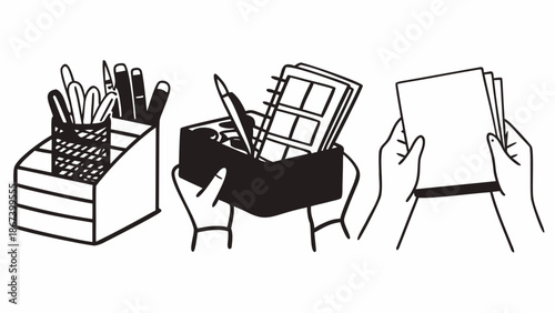 Hands holding desk supplies in an organizational box