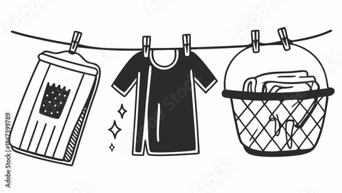 Hand drawn illustrations of laundry drying on a line