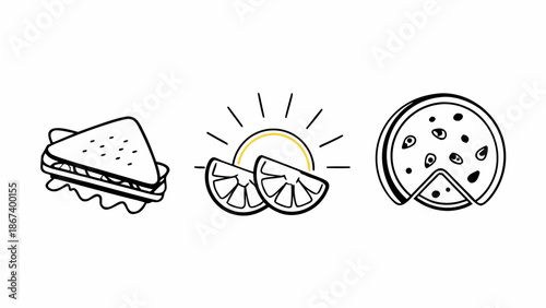 Hand-drawn illustrations of picnic food and summer sun