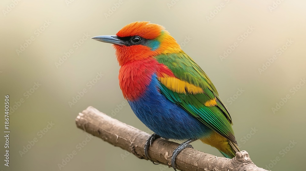 Obraz premium Colorful Exotic Bird Perched on Branch with Vibrant Feathers and Soft Bokeh Background