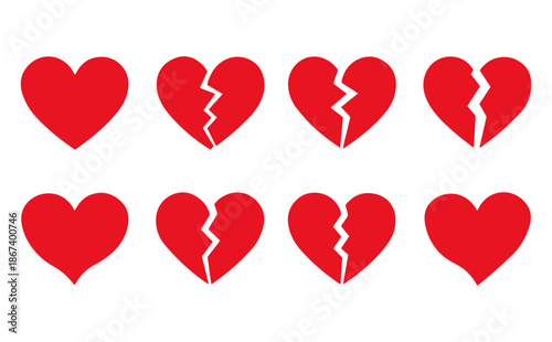 broken heart evolution set, heartbreak and divorce flat vector icons