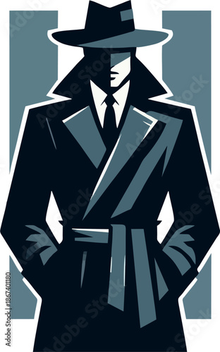 Mystery Noir Spy Agent In Trench Coat, Retro Graphic Vector Illustration