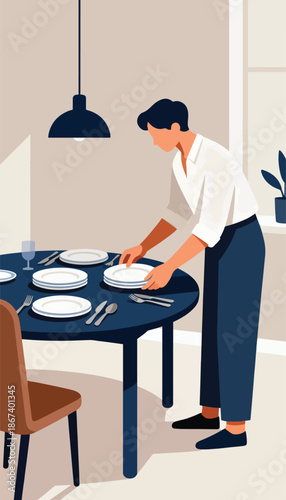 Person setting a table with plates, cutlery, and a glass under a pendant lamp