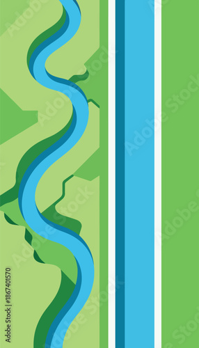 Abstract aerial view of a winding river beside a straight waterway