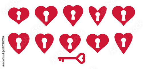 red heart keyhole with key set, love security vector icon