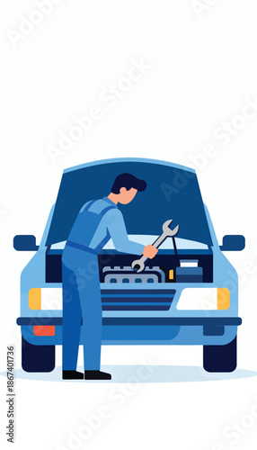 Mechanic in blue overalls works on a blue car engine with a wrench