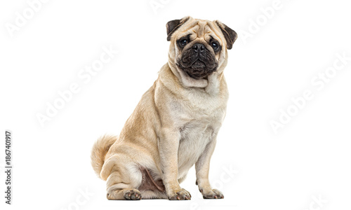 Photography Fawn pug dog sitting on white background looking at viewer