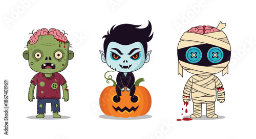 Set of three cute cartoon monsters including a zombie a vampire on a pumpkin and a mummy with an exposed brain for Halloween.
