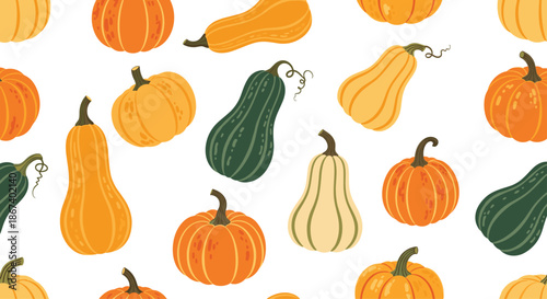 Diverse seamless pattern featuring various types of pumpkins and gourds in orange, green, and cream colors on a clean white background.