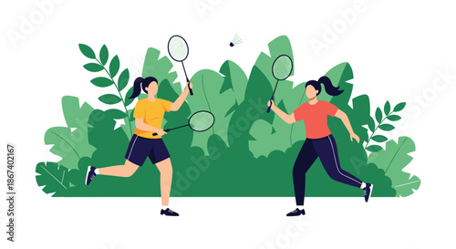 Dynamic illustration of two women playing badminton against a lush background of tropical leaves, showcasing sport and an active lifestyle.