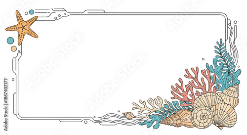 Rectangular nautical frame features intricate line art of starfish seashells and coral branches on a white background.