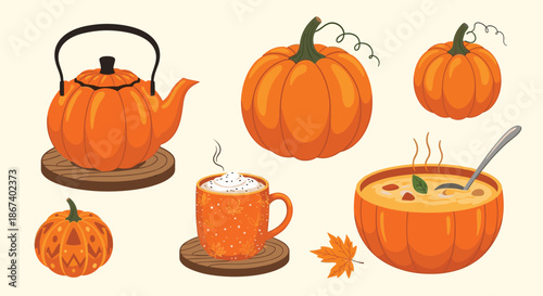 Cozy autumn set includes a pumpkin shaped teapot warm soup bowl and a mug of hot cocoa with whipped cream.