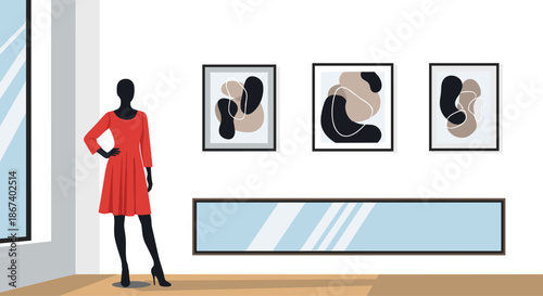 Silhouette of a woman in a red dress standing in a modern art gallery looking at abstract paintings on the wall.
