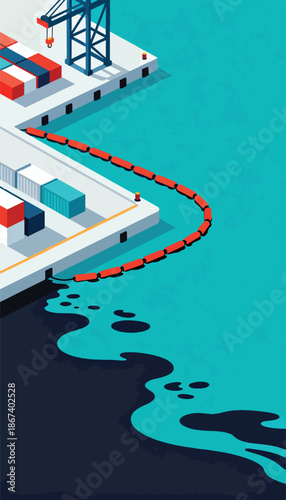 Harbor crane, shipping containers, containment boom, and oil spill