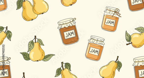 Seamless pattern of yellow pears with green leaves and jars of tasty orange fruit jam on a light cream background.