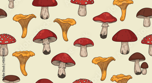 Seamless pattern showcasing various types of colorful mushrooms including fly agaric and chanterelles on a beige background.