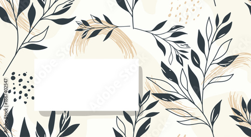 Stylish background featuring a pattern of dark leaves and beige brush strokes with a central white rectangular frame.
