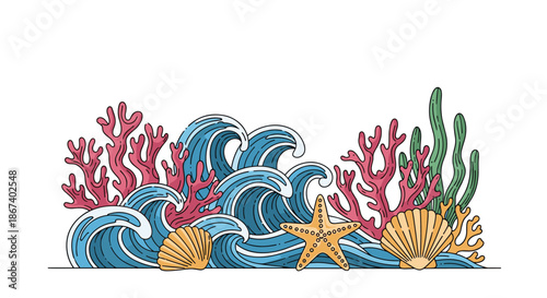 Vibrant underwater scene featuring coral reefs, seashells, a starfish, and seaweed amidst deep blue ocean waves.
