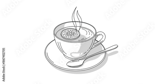 Black and white line art of a cup of hot tea on a saucer with a lemon slice inside and a spoon resting on the side.