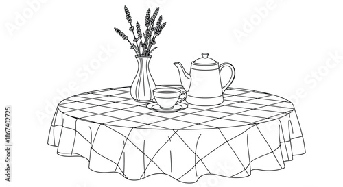 Detailed black and white line drawing of a round table covered with a checkered cloth, holding a teapot, a cup on a saucer, and a vase of lavender.