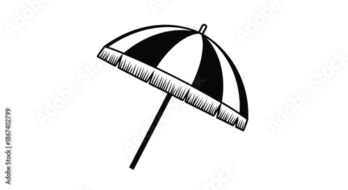 High-contrast black and white illustration of a striped beach or patio umbrella with a decorative fringe around the edge.