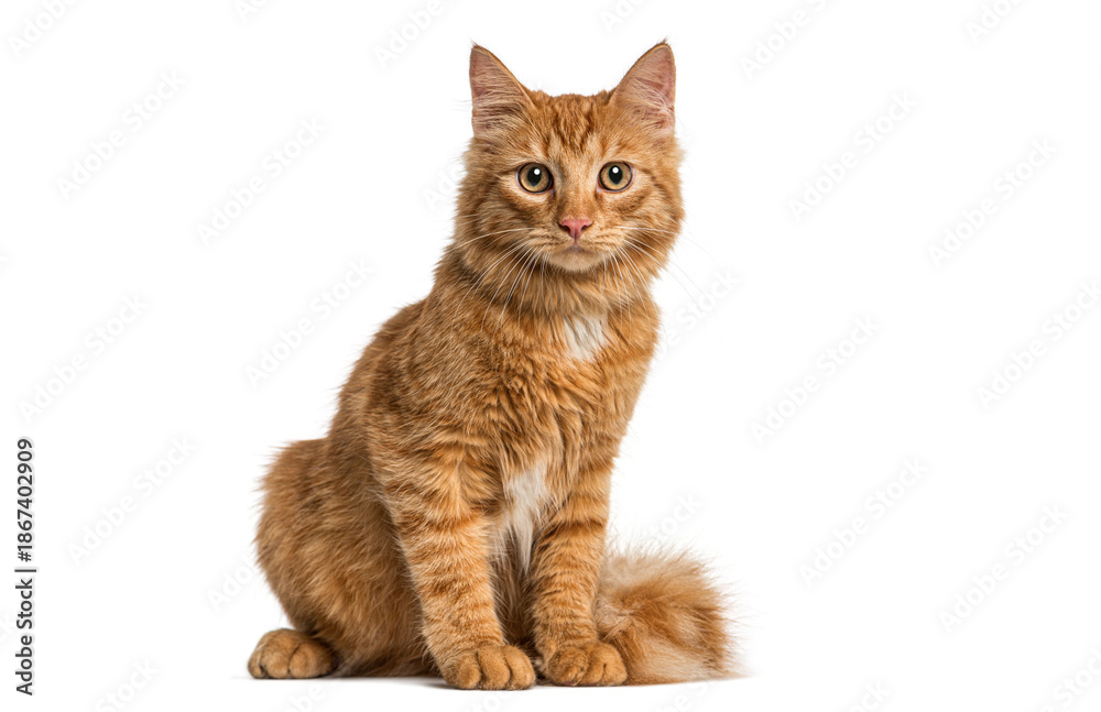 Fototapeta premium Ginger cat sitting and staring on white background