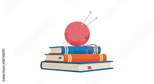 Cozy illustration featuring a ball of pink yarn and two knitting needles resting on top of a stack of three colorful books.