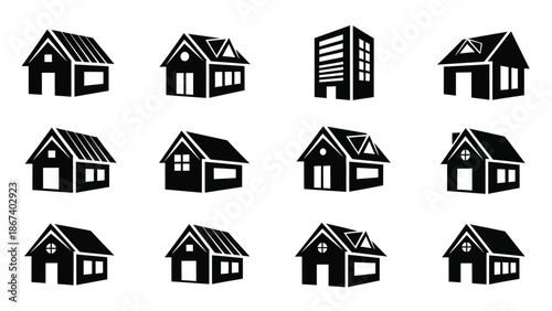 Collection of various house icons in black and white