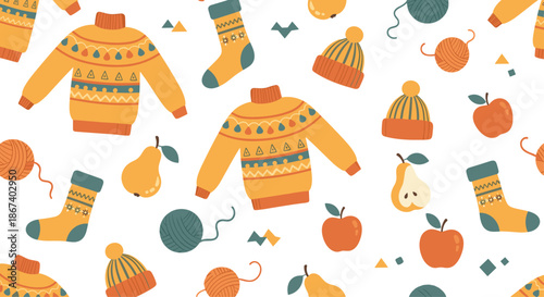 Colorful seamless pattern filled with cozy fall items including yellow sweaters, knitted hats, socks, yarn balls, apples, and pears.