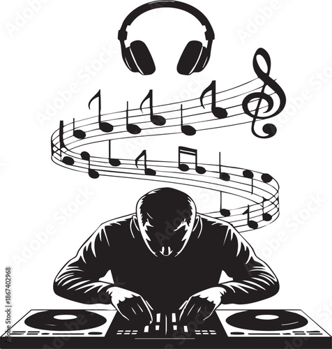 Dj operating a mixing console surrounded by swirling music notes and headphones in a creative black and white illustration symbolizing music and sound technology.