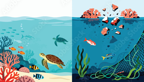 Healthy reef vs. polluted ocean, turtles and fish swim in both