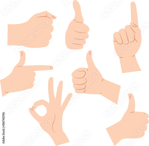 Hand arm thumb finger hold ok pose sign isolated set. 