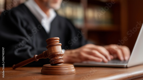 Faceless judge doing research in chambers, magistrate studying in private office, judicial officer investigating in quarters, court professional working, defocused person, with cop