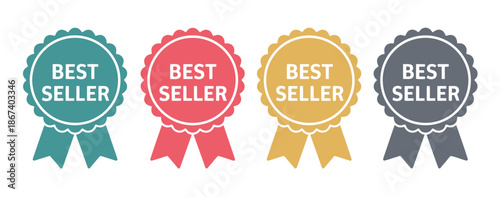 Collection of Four Best Seller Award Ribbons, Different Colors and Styles, Customizable Ribbons for Top Sales, Achievement, and Recognition Designs.