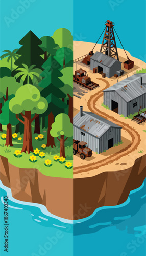 Lush forest contrasts with industrial site