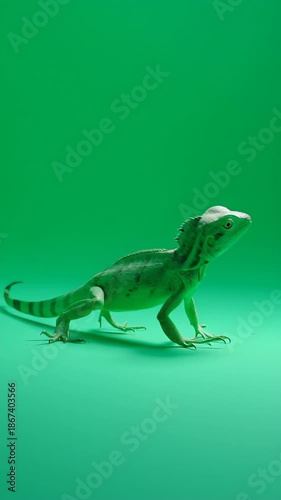 A detailed studio shot of a green lizard with visible scales on its skin, positioned against a bright green backdrop with dramatic studio lighting.
