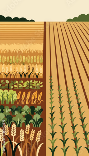 Diverse crops grow in orderly rows across fertile farmland under a vast sky