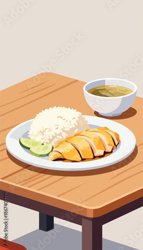 Steamed chicken with rice, sliced lime, and broth on a wooden table