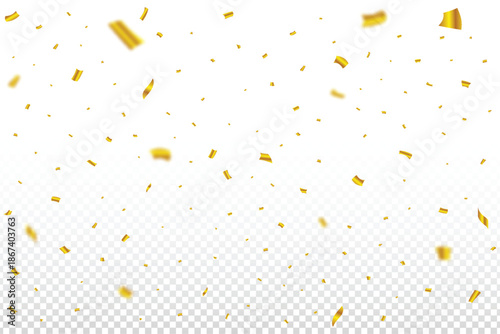 Golden confetti falling isolated on transparent background. Carnival elements. Confetti vector illustration for festival background. Golden party tinsel and confetti falling. Anniversary celebration.