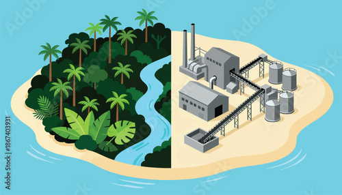 Lush jungle meets industrial complex on contrasting shores