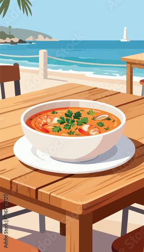 A bowl of shrimp soup sits on a wooden table at a beachside cafe overlooking the ocean