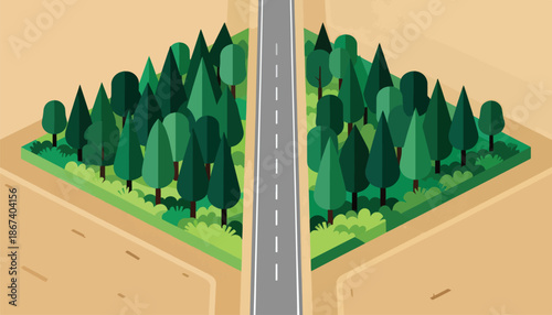 A stylized, flat illustration of a road cutting through a dense forest
