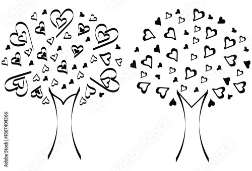Minimal love tree illustration with heart shaped leaves black and white romantic line art design, Heart tree line art illustration with floating love hearts minimalist black and white romantic artwork