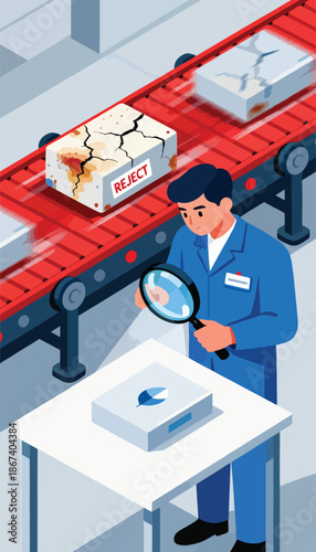 Inspector examines cracked, stained products marked "reject" on a conveyor belt