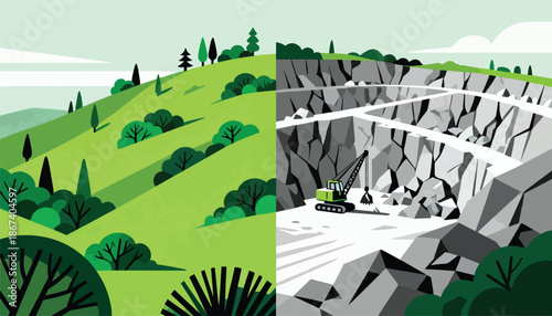 Lush green hills transform into a stark quarry with excavation equipment