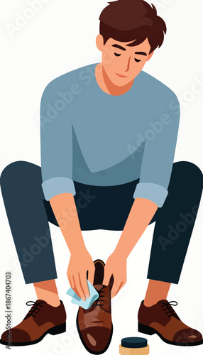 Man polishing brown leather shoes with a cloth, sitting