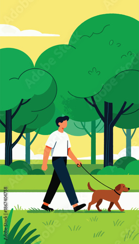 Man and dog stroll through a park with lush green trees and yellow sky